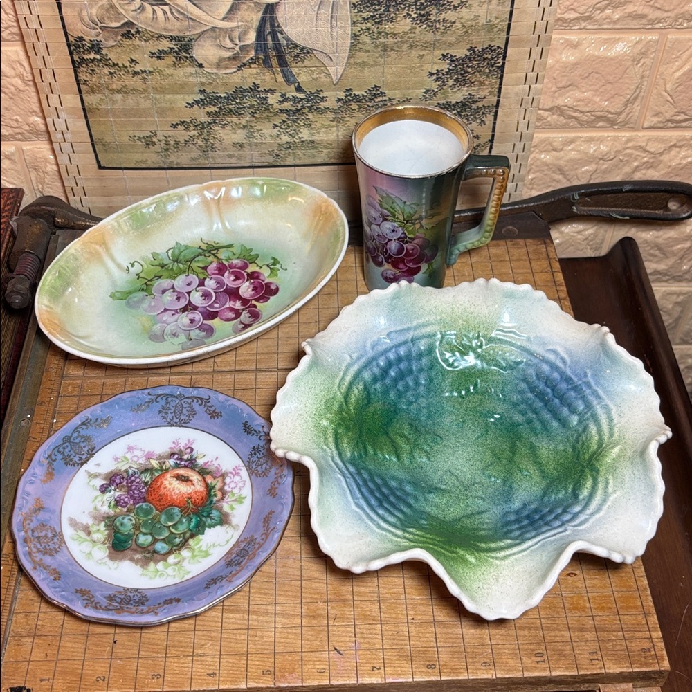 Grape and Cable Ceramic, Lusterware Oval Bowl, Halsey Saucer, USONA Goodwin Cup
